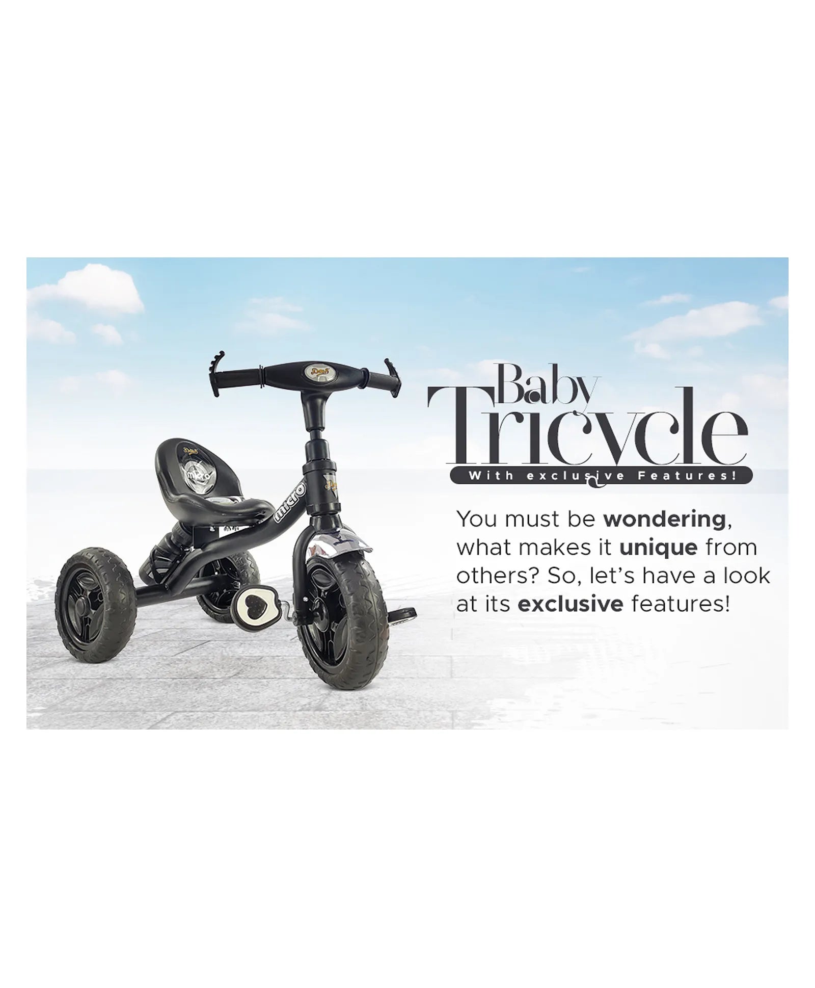 Black tricycle for children aged 3 to 5 years, with a sturdy frame and comfortable seat, in an urban setting. www.usmile.toys